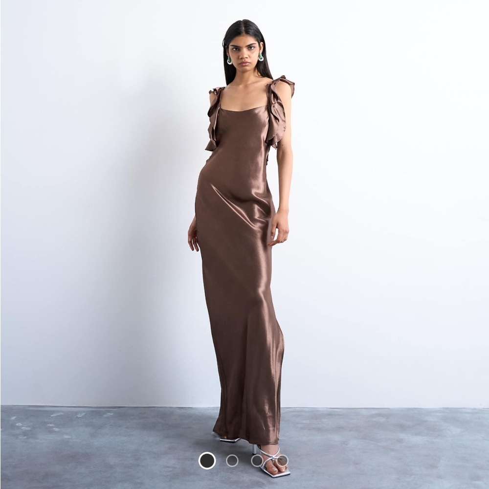 Topshop Ruffle Shoulder Satin Slip Dress in Chocolate